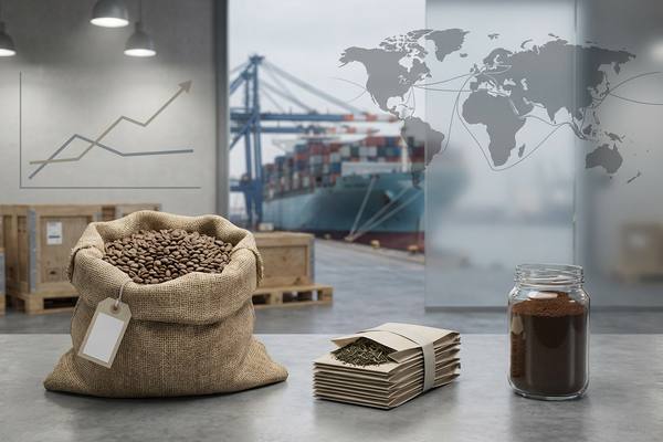 Аналитический натюрморт с кофейными зёрнами, чаем и цикорным порошком на фоне контейнерного порта и карты поставок — иллюстрация перестройки рынка горячих напитков в России.