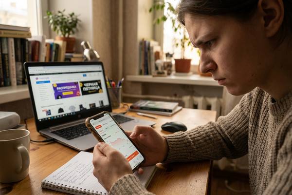 Покупатель анализирует цены и скидки на смартфоне на фоне ноутбука с распродажей — иллюстрация рационального и импульсивного поведения на онлайн-акциях