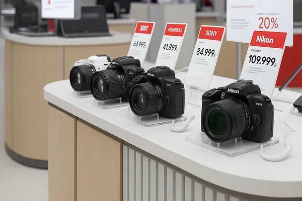 Витрина с цифровыми фотоаппаратами популярных брендов в розничном магазине электроники. Рост интереса к камерам в России в 2025 году.