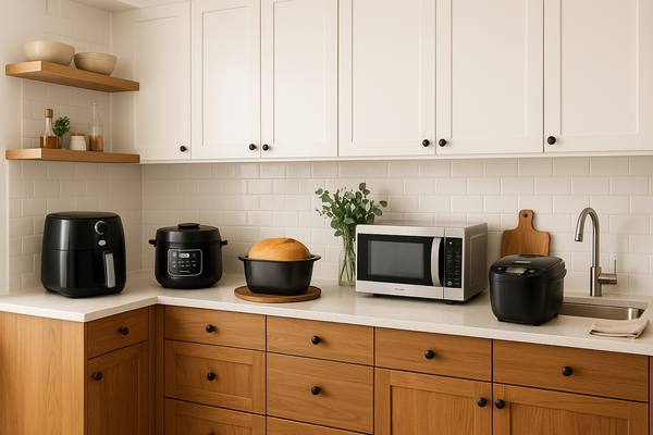 Современная кухня с аэрогрилем, мультиваркой, хлебопечкой и микроволновой печью на столешнице, свежий хлеб в форме, иллюстрация роста спроса на технику для домашней готовки