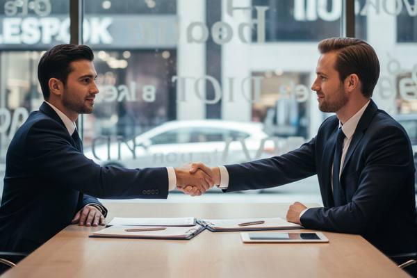 Деловая встреча представителей ритейл-компаний на фоне витрины магазина — символ консолидации торгового рынка России в 2023 году