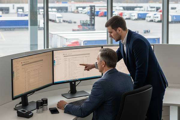 Логистический менеджер и специалист по ИТ в офисе транспортной компании анализируют на экране электронную транспортную накладную ЭТрН и статус грузоперевозок в системе ГИС ЭПД