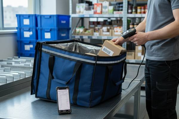 Курьер с термобоксом в жилом районе мегаполиса на фоне городских многоэтажек — символ ускорения доставки продуктов в городах России