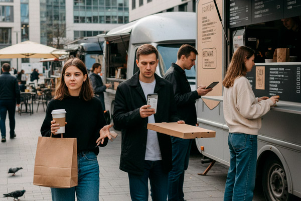 Посетители в фудкорте современного торгового центра — отражение роста сегмента фастфуда и изменений в потребительском поведении россиян в 2025 году