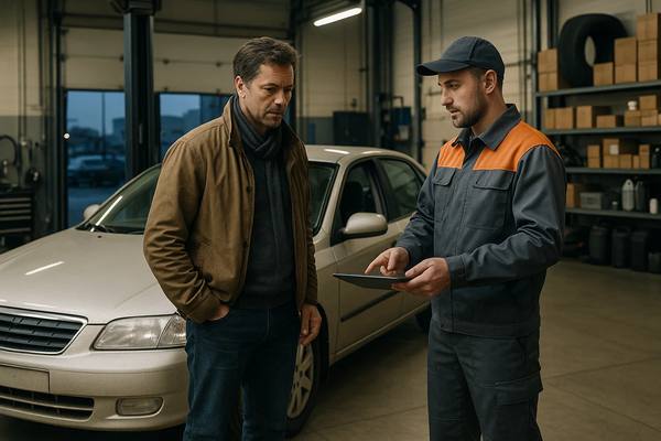 Владелец автомобиля и мастер автосервиса обсуждают ремонт у светлого седана в сервисном боксе, механик показывает расчёт работ на планшете