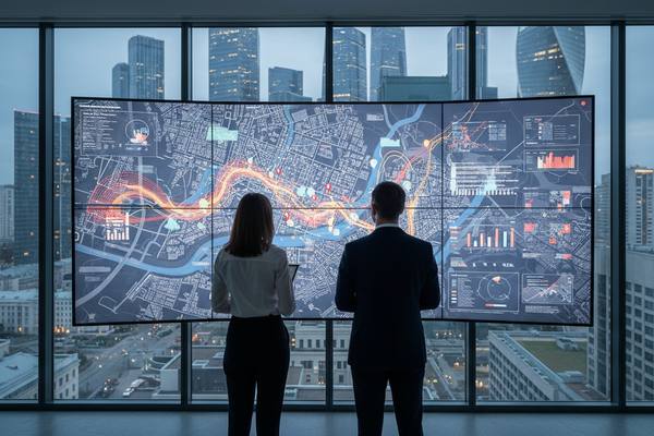 Двое аналитиков в офисе делового центра смотрят на большой экран с картой города и тепловой картой потоков посетителей — визуализация геоаналитики сервиса МТС «Посещаемость 2.0»