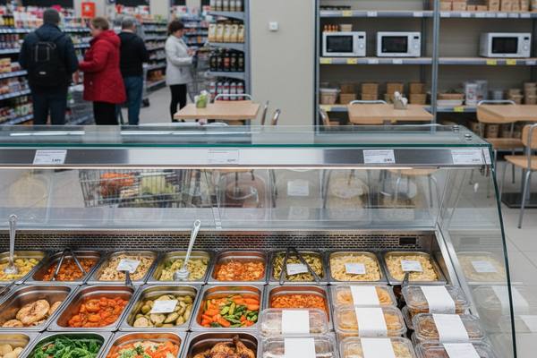 Витрина с готовой едой в супермаркете и зона посадки с микроволновками на фоне