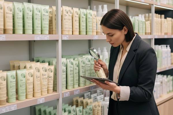 Женщина-эксперт в деловом костюме с лупой и планшетом изучает состав «зелёной» косметики на полке магазина, проверяя правдивость экозаявлений