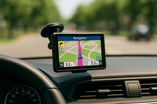 Автонавигатор на панели автомобиля с включённой картой маршрута — иллюстрация роста спроса на навигационные устройства в России