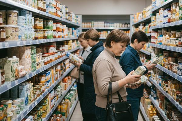 Покупатели в российском супермаркете выбирают товары отечественных брендов на фоне полок с продуктами. Иллюстрация тренда импортозамещения в FMCG-сегменте.