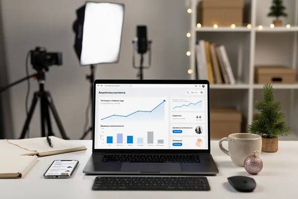 Рабочее место с ноутбуком, на экране которого отображена аналитика контента, рядом элементы новогоднего декора и оборудование для съёмки, иллюстрирующие влияние блогеров на покупки