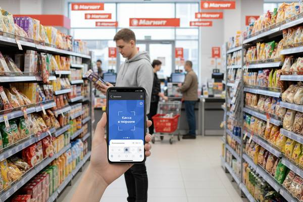 Покупатель в магазине «Магнит» использует смартфон с сервисом «Касса в телефоне» для самостоятельной оплаты покупок в проходе между стеллажами и кассами