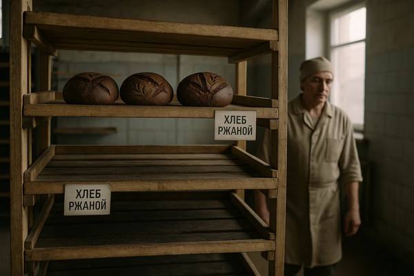 Пекарь на фоне полупустых стеллажей с ржаным хлебом в российской пекарне — отражение кризиса в отрасли хлебопечения