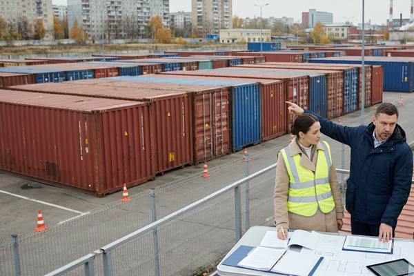 Инженеры проверяют документы и планы на фоне рядов морских контейнеров на открытой площадке контейнерного склада в Подмосковье, иллюстрация ужесточения требований к недорогим складам
