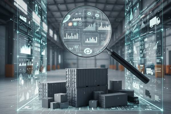 Контейнеры под увеличительным стеклом в цифровом интерфейсе — символ усиления контроля над маркетплейсами и грузовыми потоками
