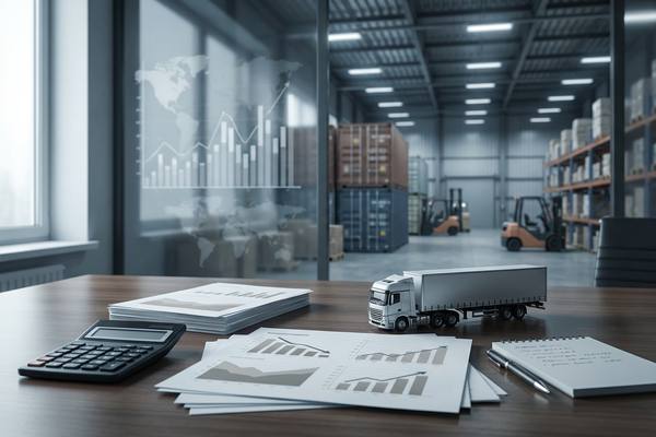 Аналитическая деловая сцена: финансовые документы, калькулятор и модель грузовика на фоне складского комплекса — визуализация влияния налоговой реформы 2026 года на логистику.