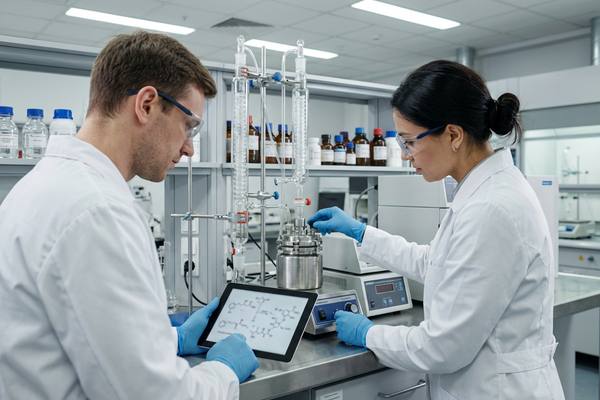 Химики в современной фармацевтической лаборатории проводят сложный синтез субстанции, обсуждая формулы на планшете, иллюстрация к статье о локализации фармсубстанций и правиле «второй лишний»