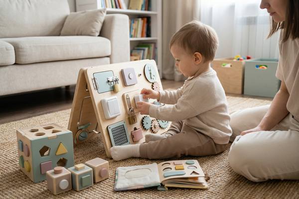 Малыш играет с деревянным бизибордом и развивающими игрушками на полу рядом с родителем в домашней обстановке