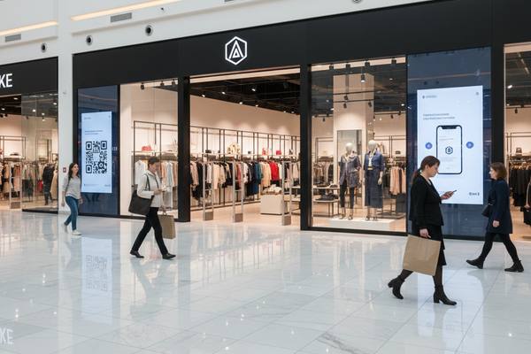 Большой магазин одежды международного формата в современном торговом центре, витрины с коллекциями, цифровые экраны с QR-кодом и покупатели с пакетами, иллюстрация омниканального ритейла
