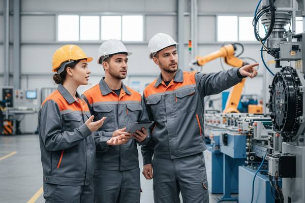 Современные молодые сотрудники на производственном предприятии во время смены