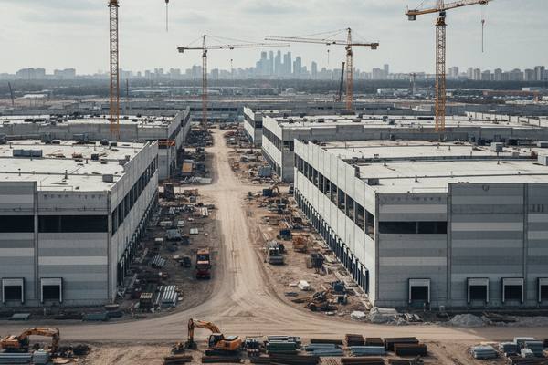 Современный логистический складской комплекс на фоне городской застройки Москвы, отражающий рост девелопмента в сегменте коммерческой недвижимости