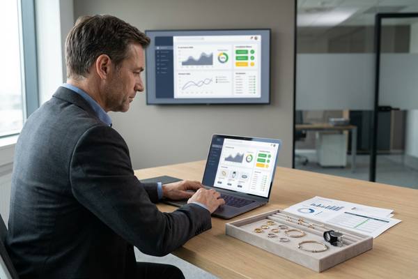 Аналитик в офисе проверяет на ноутбуке и мониторе онлайн-продажи ювелирных изделий, рядом на столе лоток с украшениями и отчет с графиками, концепция цифрового контроля и комплаенса в e-commerce