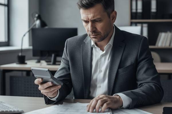 Финансовые риски и неплатежи между компаниями в 2025 году — бизнесмен с документами и тревожным выражением на фоне серого городского пейзажа