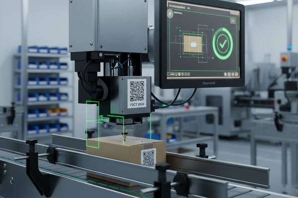 ИТ-специалист проверяет маркировку продукции на линии с применением решения Nord Clan и модулей машинного зрения в производственном цехе