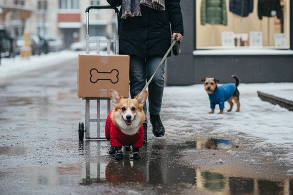 Собака корги в красной куртке и ботинках гуляет по зимнему городу рядом с хозяином и тележкой с коробкой, на заднем плане еще одна собака в одежде, иллюстрация к статье о росте рынка одежды для питомцев