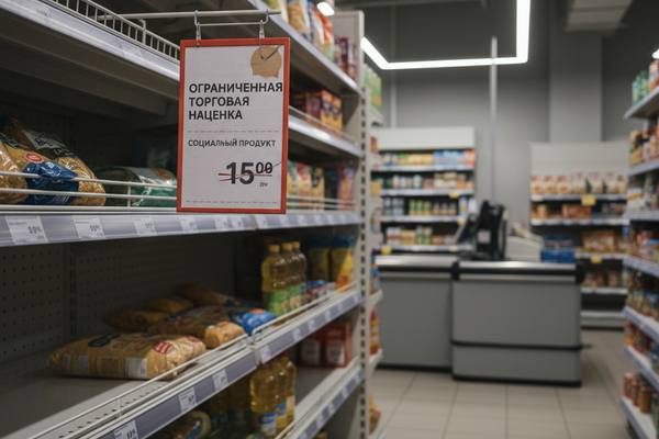 Сотрудник торговой сети на фоне полупустых полок — ограничение наценки и влияние на розничную логистику