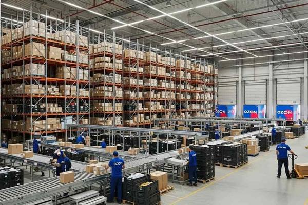 Современный распределительный центр с конвейерами, сотрудниками и стеллажами с товарами во время пиковых распродаж — иллюстрация логистики маркетплейса Ozon.