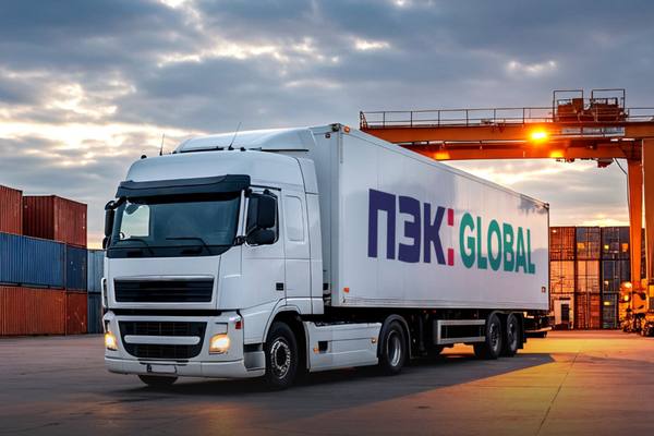 Грузовой автомобиль ПЭК GLOBAL на терминале контейнерного порта, символизирующий международные грузовые перевозки компании