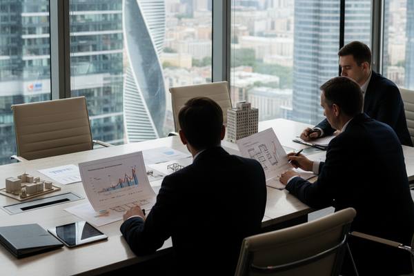 Топ-менеджеры обсуждают сделки с офисной недвижимостью в переговорной с видом на деловой центр Москвы