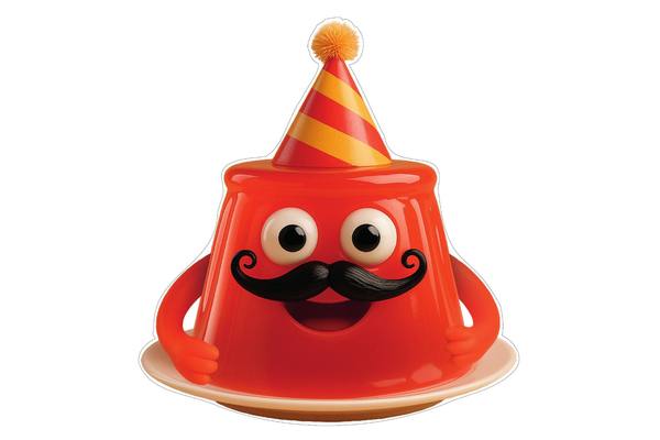 Персонаж праздничного стола сети «Перекрёсток» — красное желе с глазами, усами и колпаком, символ новогодней маркетинговой кампании с голосованием покупателей