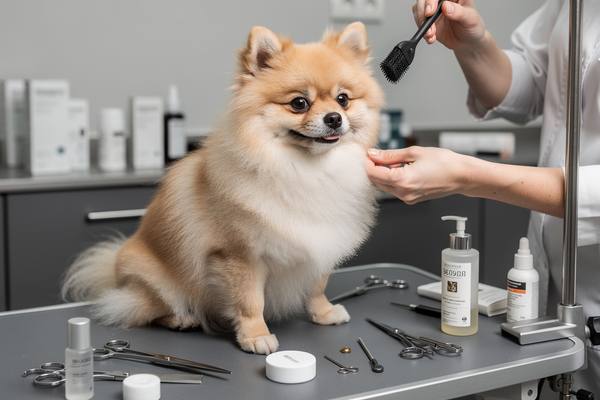 Небольшая собака на груминг-столе во время профессиональной процедуры ухода, в окружении инструментов и средств зоокосметики — иллюстрация роста рынка pet care.