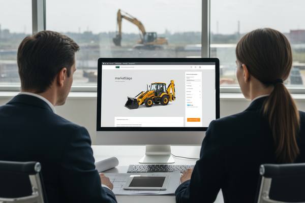 Два менеджера в офисе смотрят на монитор с карточкой товара экскаватора-погрузчика на маркетплейсе, оформляя онлайн-заказ спецтехники JCB.