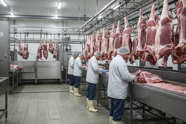 Рабочие в мясоперерабатывающем цехе на фоне конвейера с полутушами свинины. Индустриальное производство в России, осенний спад цен на мясо