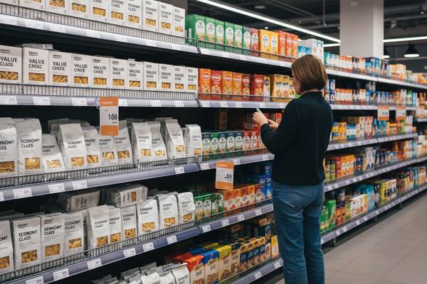 Полка супермаркета с товарами под собственными марками и брендами. Иллюстрация конфликта интересов между ритейлерами и производителями.