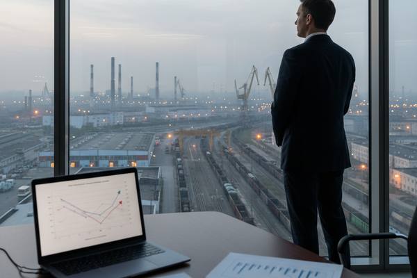 Топ-менеджер крупной промышленной компании смотрит из офиса на завод и железнодорожный терминал, на столе ноутбук с финансовыми графиками, иллюстрация к статье о росте процентной нагрузки и ухудшении финансовых показателей