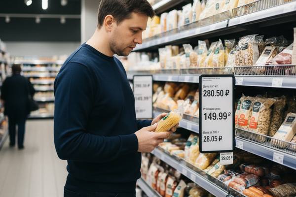 Покупатель в супермаркете рассматривает упаковку макарон на полке и сравнивает ценники с ценой за килограмм и полной стоимостью товара, иллюстрация к статье о прозрачности цен и унификации веса