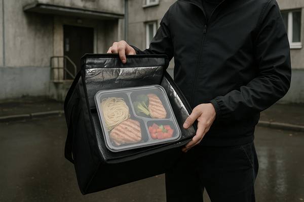 Курьер с термопакетом показывает герметично упакованную готовую еду в контейнере на фоне типичного жилого дома в российском городе — пример упаковки для q-commerce доставки