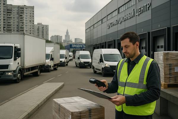 Логистический сотрудник сканирует накладную перед отправкой грузов, на фоне колонны грузовых фургонов у распределительного центра — символ роста межрегиональных поставок в Москву и Санкт-Петербург