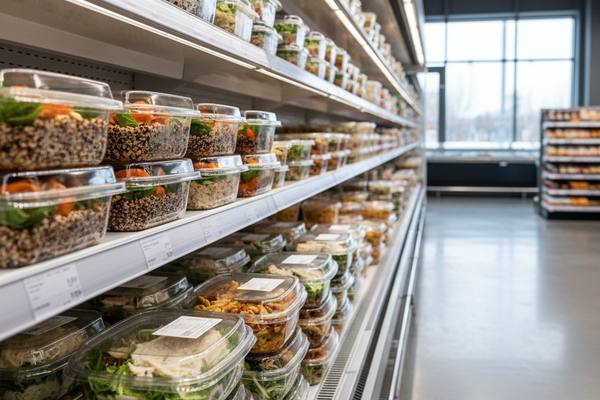 Витрина с готовыми блюдами в супермаркете: упаковка, охлаждение, ритейл-среда. Иллюстрация влияния запрета на кулинарию в торговых точках.