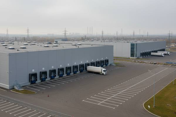 Современный складской комплекс класса А с почти пустой парковкой и одним грузовиком у доков, иллюстрация роста вакантности и охлаждения рынка складской недвижимости в России.