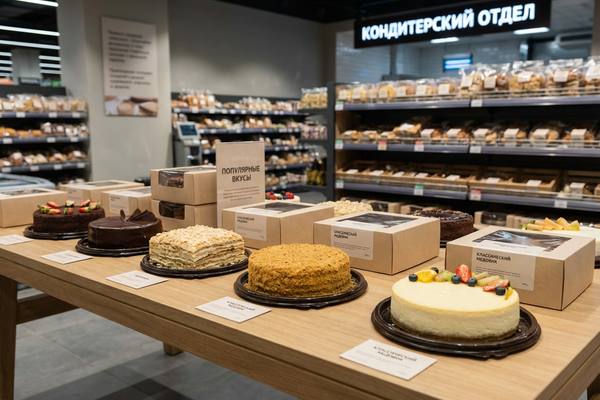 Выкладка популярных тортов в супермаркете на дегустационном столе, иллюстрирующая покупательские предпочтения в категории десертов