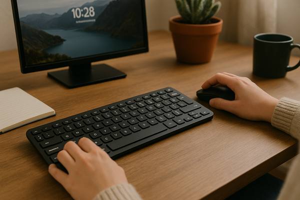 Рабочее место с беспроводными клавиатурой и мышью, иллюстрирующее рост спроса на компьютерные аксессуары в России