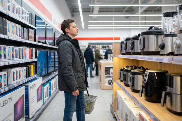 Покупатель в магазине электроники выбирает мультиварку и кухонную технику, проходя мимо ряда телевизоров, иллюстрация к статье о смещении спроса с смартфонов и ТВ в пользу бытовой техники для кухни