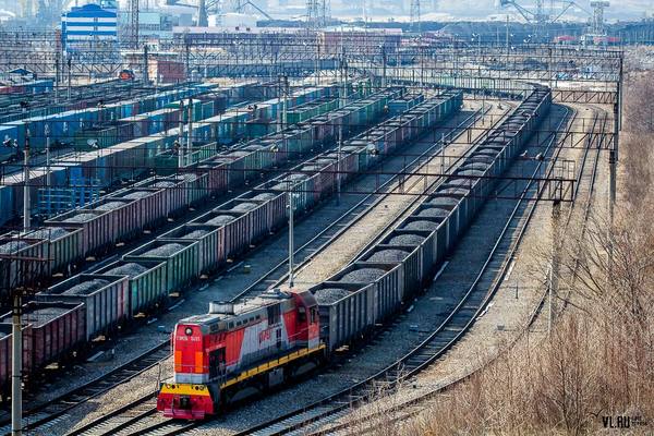 Железнодорожный состав РЖД с контейнерами на сортировочной станции, осень 2025 года. Визуализация логистических процессов и стабильности грузоперевозок.