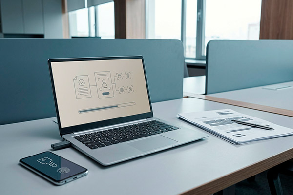 Ноутбук и смартфон на рабочем столе с нейтральным интерфейсом цифровой идентификации, иллюстрирующие дистанционное оформление электронной подписи через «Госключ»