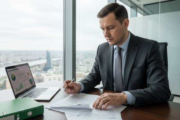 Деловой человек с документами и ноутбуком в офисе Сбера — иллюстрация страховых выплат бизнесу в России